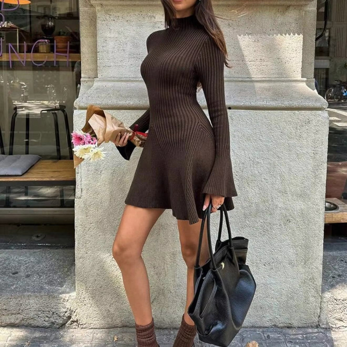 ZEYA - Anna Bell Sleeve Ribbed Knit Sweater Dress