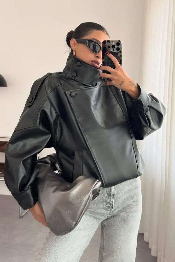 ZEYA - Isabelle Stand Collar Faux Leather Jacket