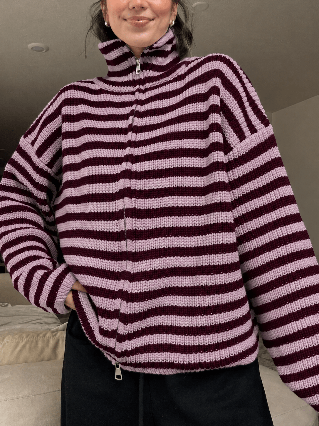 ZEYA - Leah Striped Knit High-Neck Sweater