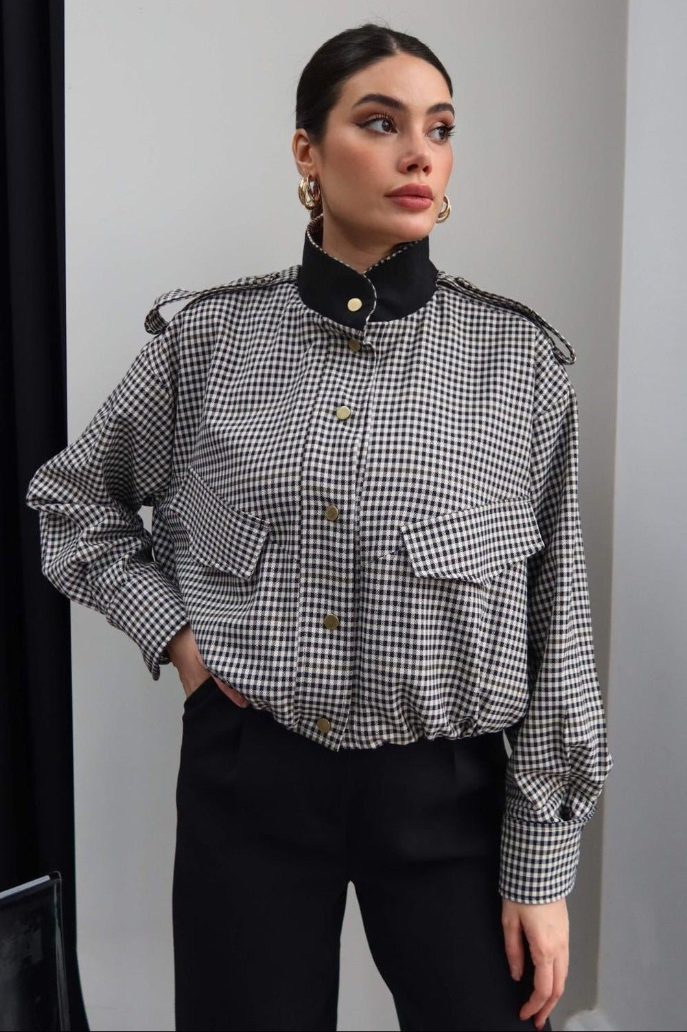 ZEYA - Lisa High Neck Checked Bomber Jacket
