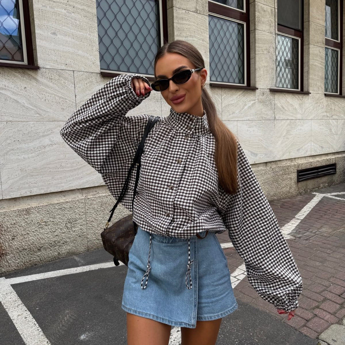 ZEYA - Mila Plaid Drawstring High Neck Jacket