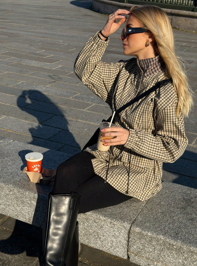Isabel High-Neck Plaid Jacket
