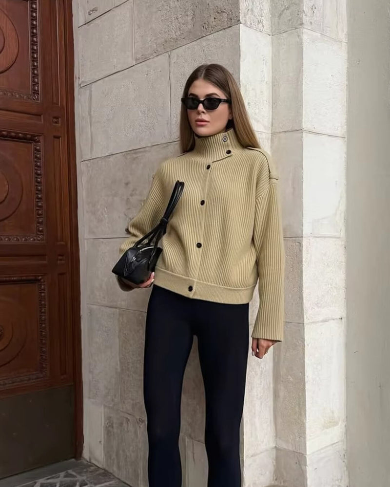 ZEYA Ahiwa Stand Collar Knitted Cardigan in Beige