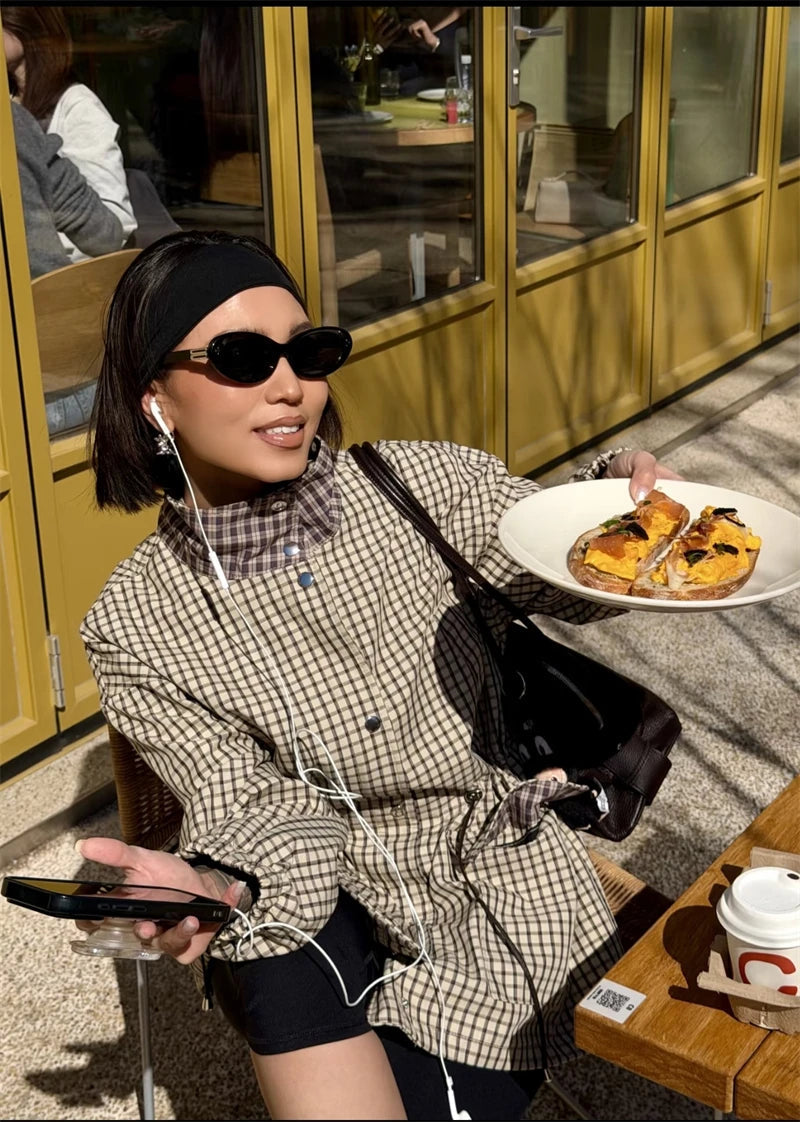 Isabel High-Neck Plaid Jacket