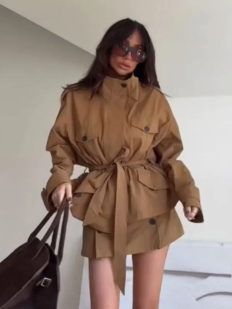 Emily High Collar Belted Jacket & Skort Set