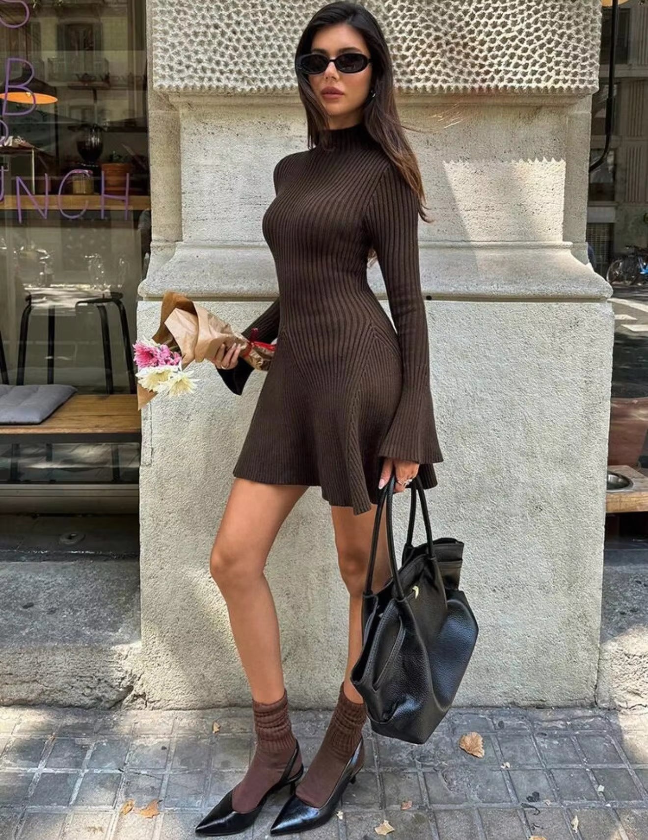 Anna Bell Sleeve Ribbed Knit Sweater Dress