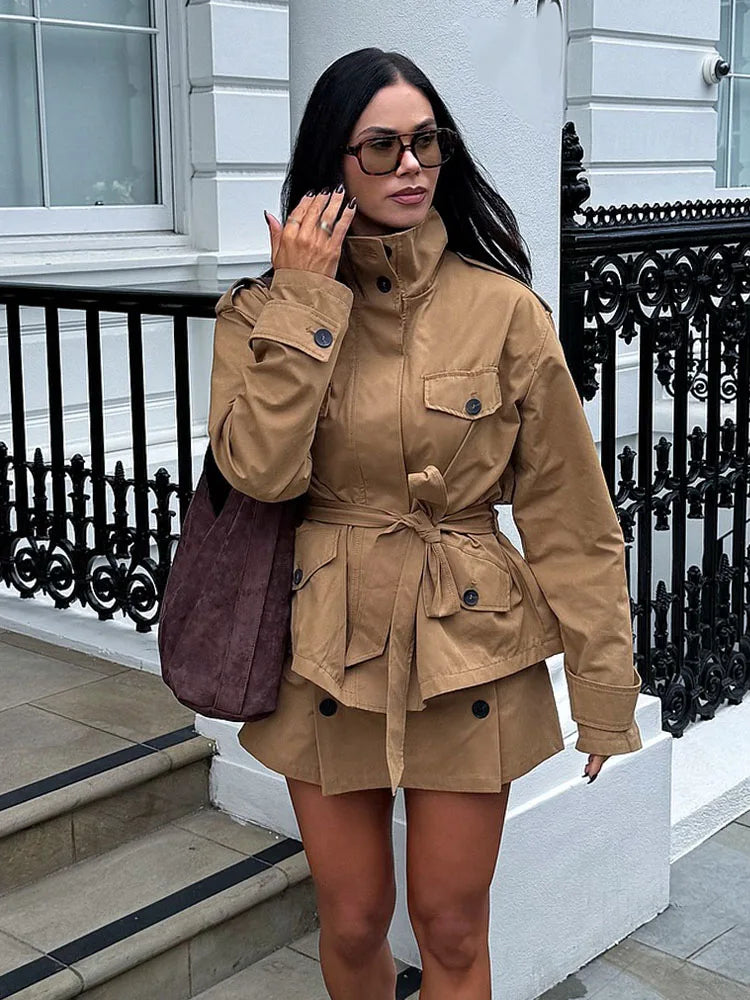 Emily High Collar Belted Jacket & Skort Set