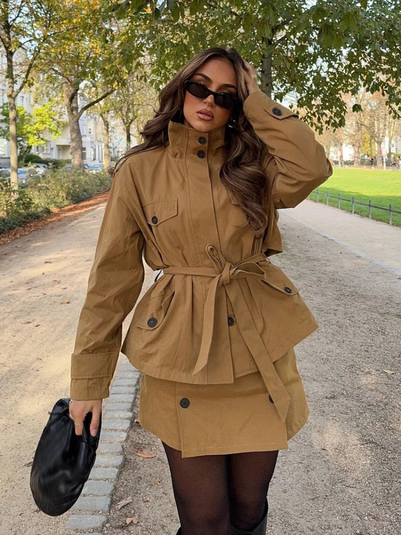 Emily High Collar Belted Jacket & Skort Set