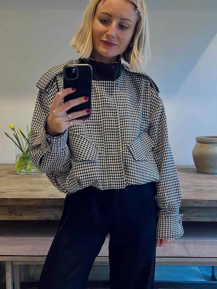 Lisa High Neck Checked Bomber Jacket