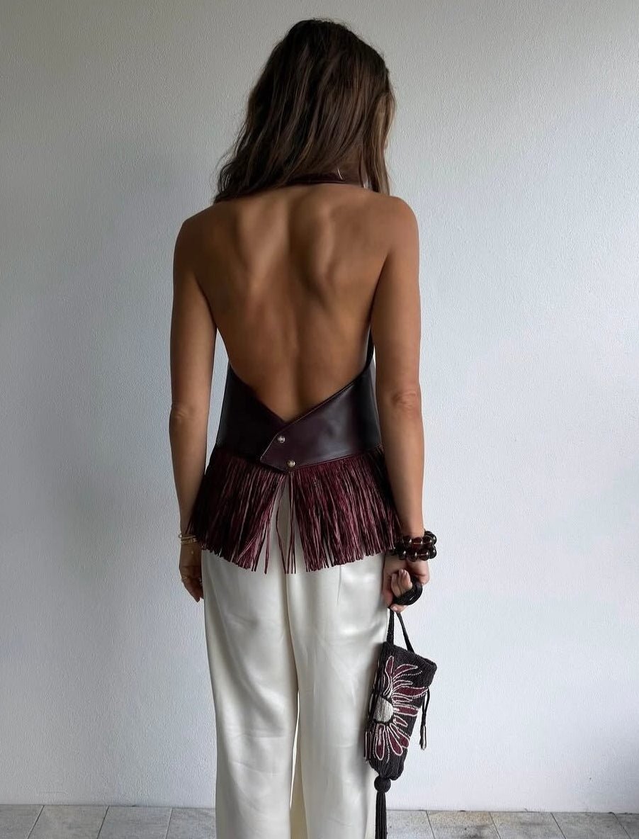 Gina Faux Leather Fringe Halter Top