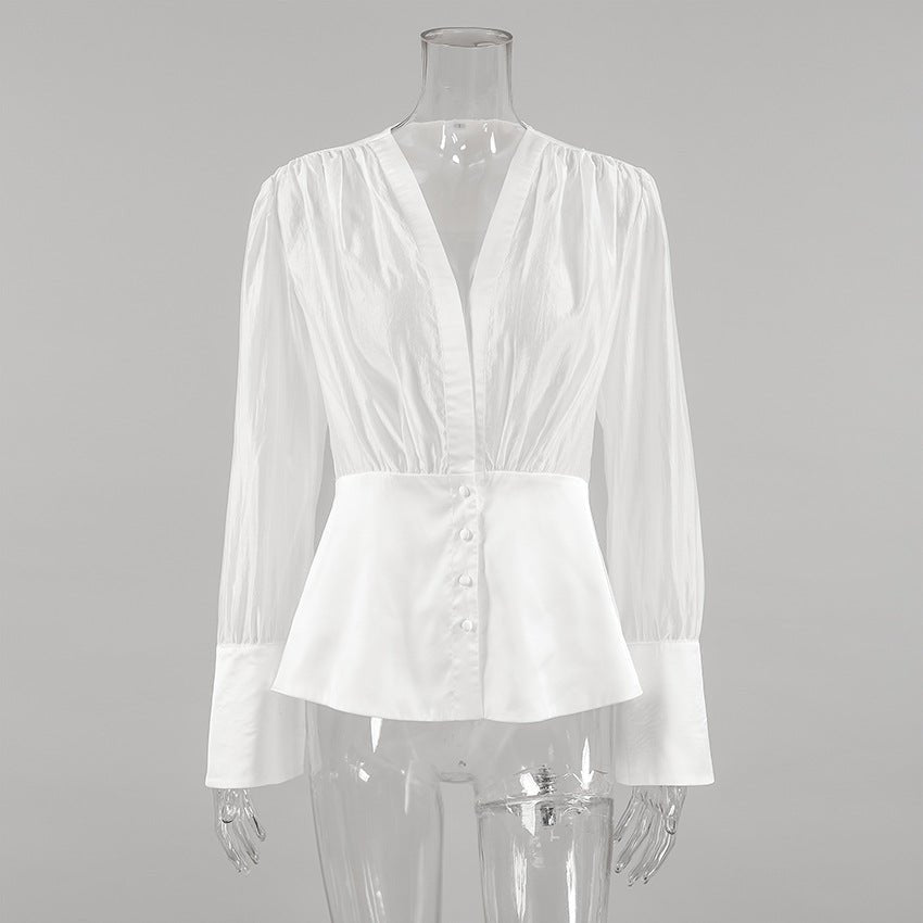 Lydia Deep Neck Sheer Button Blouse