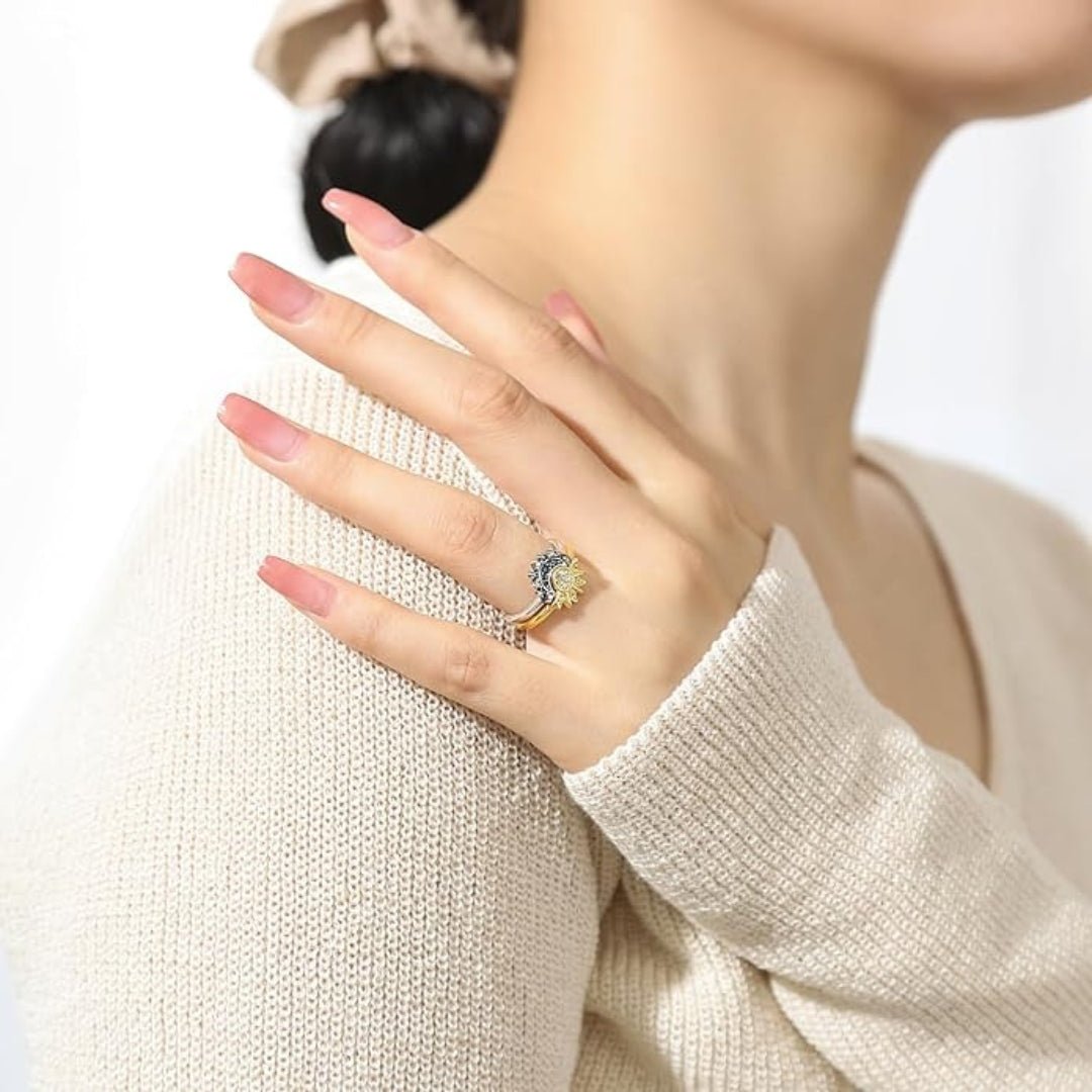 ZEYA - Brietta Celestial Sun & Moon Ring Set - Hand - Finished 14k Gold - Plated Stackable Jewelry