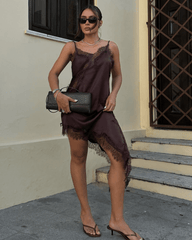 Chiara Asymmetric Satin Lace Midi Dress