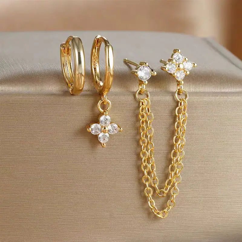 ZEYA - Diantha Earrings - 3PCS Stainless Steel Flower Hoop Earrings for Women with Zircon