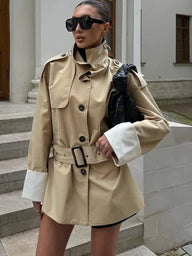 Evelyn Contrast Cuffs Belted Trench Coat