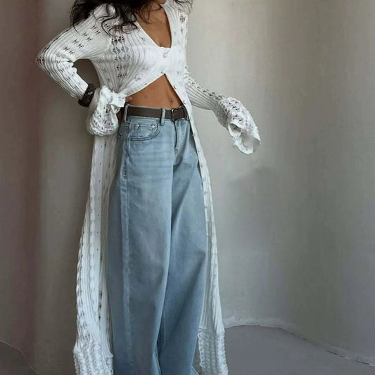 ZEYA - Genevra Hollowed V-Neck Long Cardigan