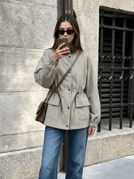 Isabel High-Neck Plaid Jacket