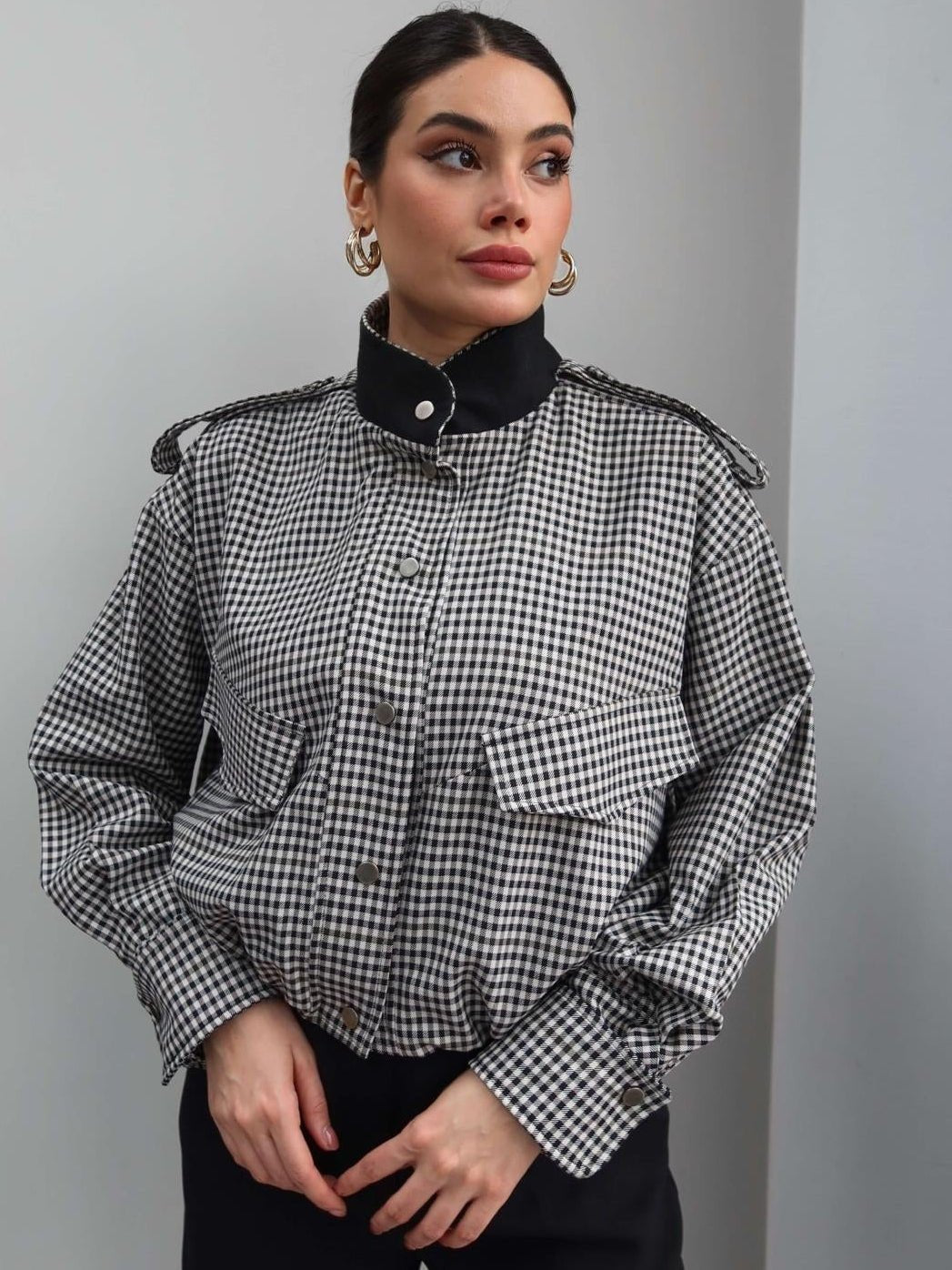 ZEYA - Lisa High Neck Checked Bomber Jacket
