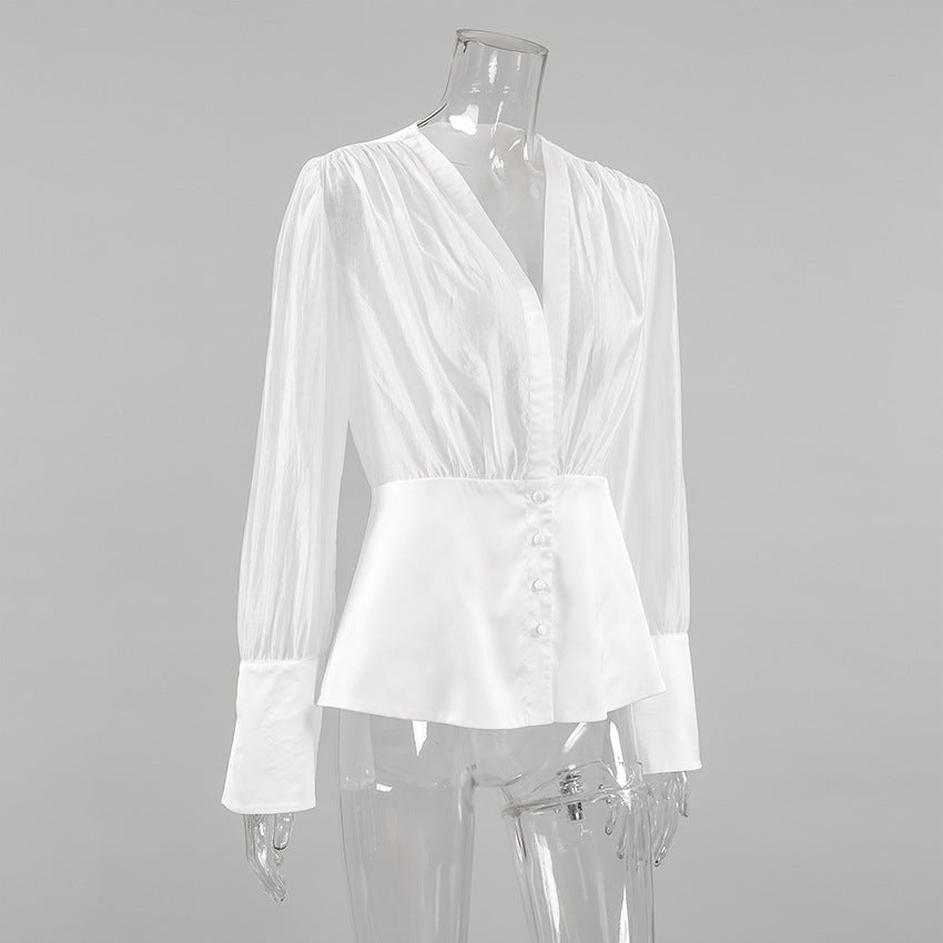 ZEYA - Lydia Deep Neck Sheer Button Blouse