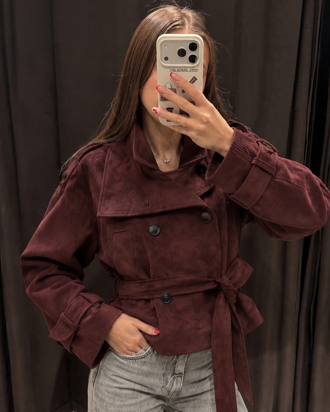 ZEYA - Nicole Funnel Neck Faux Suede Belted Jacket
