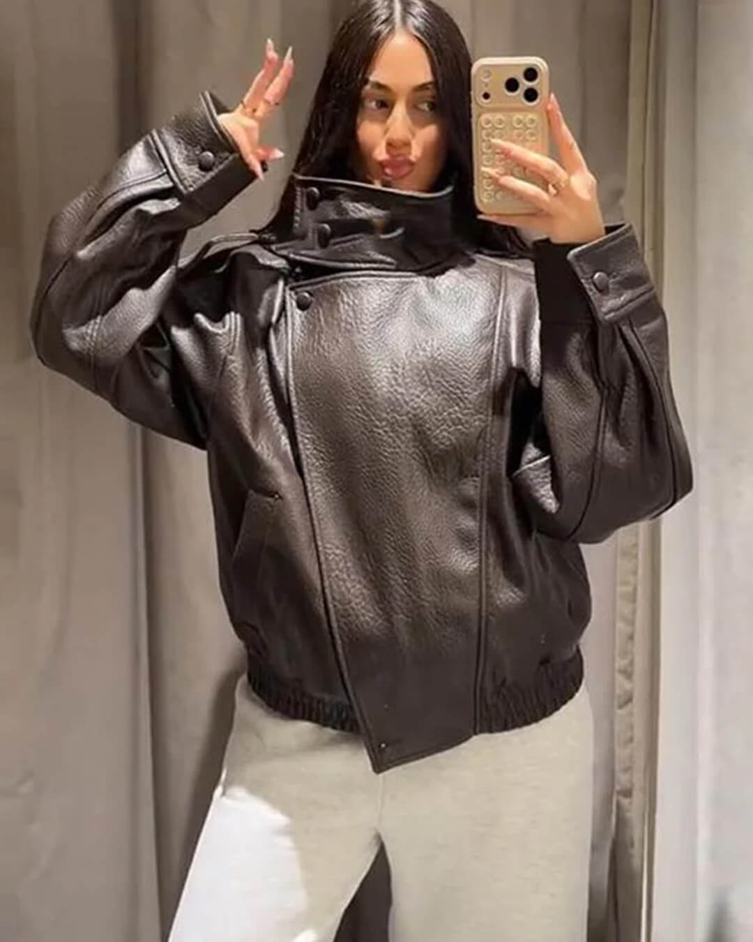 ZEYA - Nikka Faux Leather Stand Collar Jacket