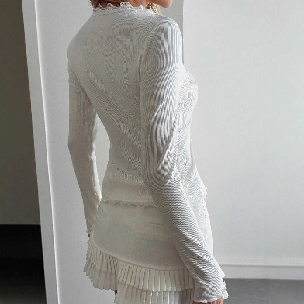 ZEYA - Sabine Ribbed Lace Trim V - Neck Blouse