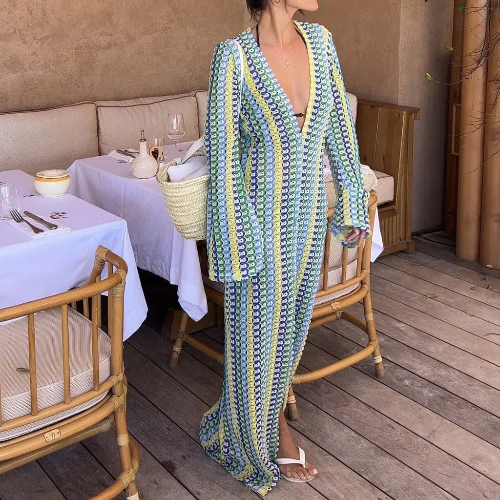 Sophia Crochet Stripe Flare Sleeve Maxi Dress