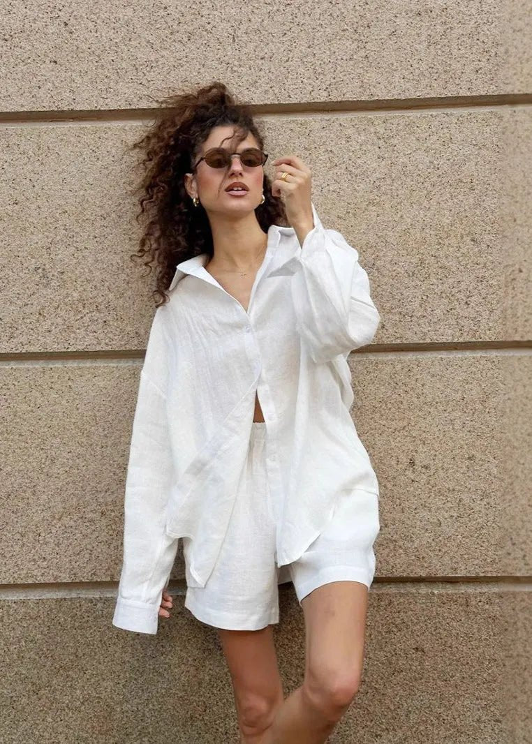 ZEYA - Sophia White Linen Shirt and Shorts Set
