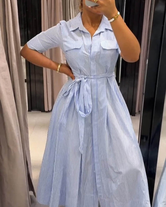 ZEYA - Winona Striped Lace-Up Collar Maxi Dress